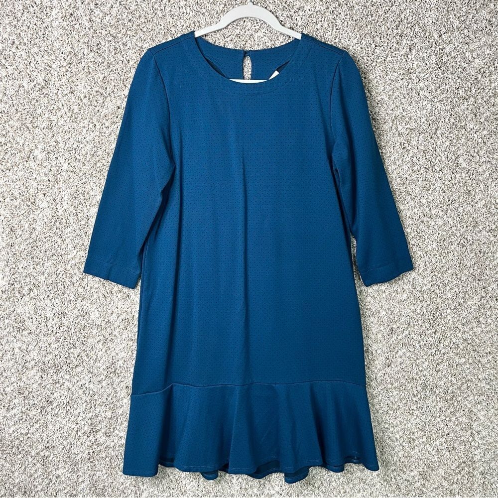 J. Jill Dress Women's Medium Blue and Black‎ Polka Dot Ruffle Hem Ponte